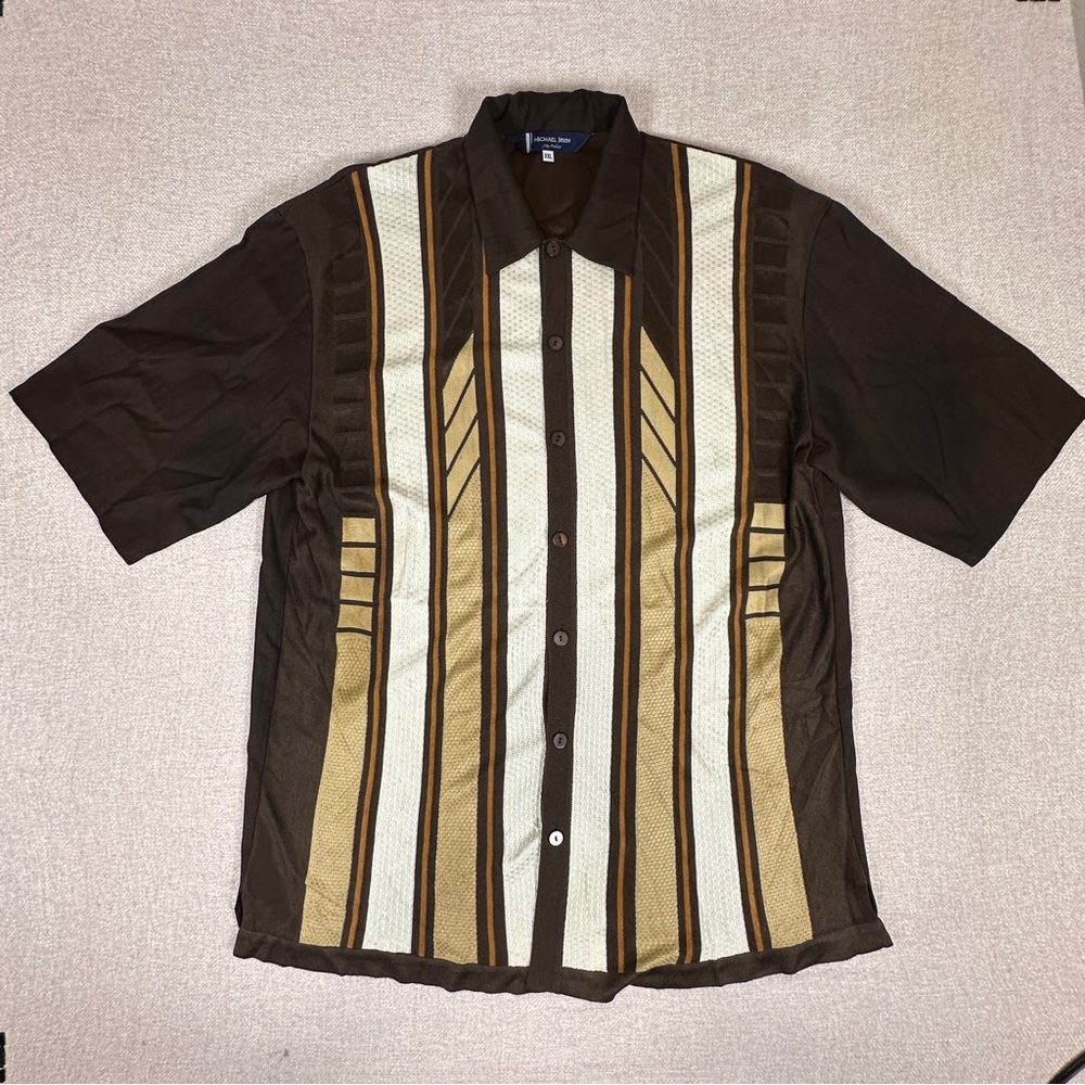 Michael Irvin Men's XXL Brown and Cream Casual Button Down Shirt